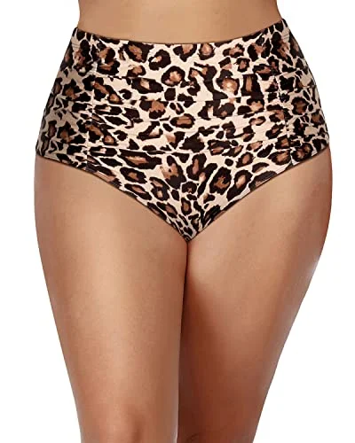 Ruched bikini with fabric gathers for a slimming effectFlattering Plus Size Bikini Bottoms Retro Swim Shorts-Leopard