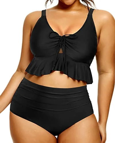 Push - up bikini top to enhance the bust for a confident beach appearancePlus Size Tummy Control High Waisted Ruched Bikini-Black