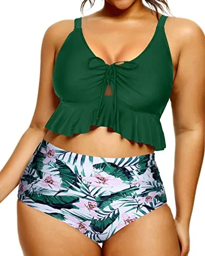 Tie - side bikini bottoms for an adjustable and stylish fitAdjustable Drawstring Two Piece Bikini For Curvy Women-Green Tropical Floral