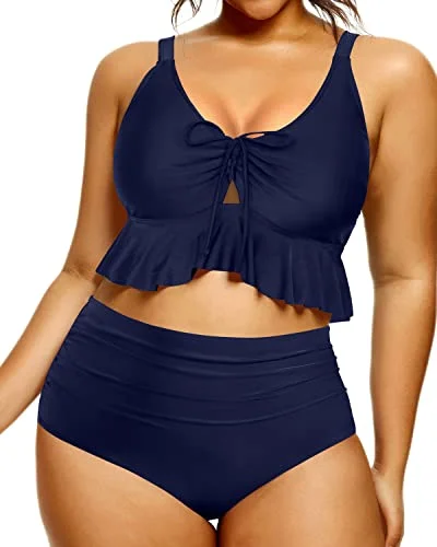 Monokini - style bikini with a unique one - piece - meets - bikini designTwo Piece Retro Plus Size Flounce High Waisted Bikini Set-Navy Blue