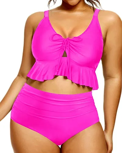 High - performance bikini with quick - drying fabric for active swimmersRuffle Flounce High Waisted Bikini Set For Curvy Women-Neon Pink