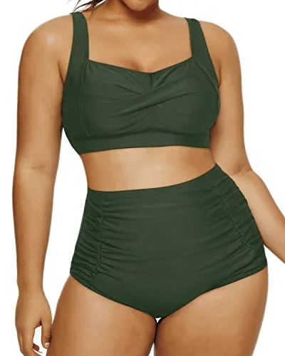 Long - line bikini top for added support and a fashionable lookCute Vintage Style Two Piece Swimsuit Twisted Front Bikini-Army Green