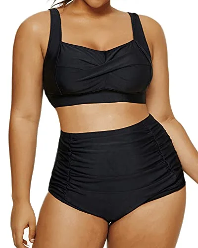 Ruched bikini with fabric gathers for a slimming effectPlus Size Twist Front Bikini Set Tummy Control High Waisted Bottoms-Black