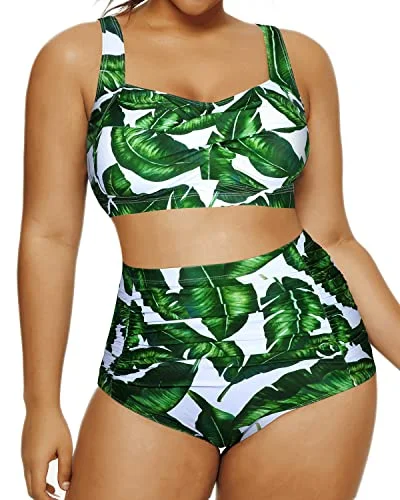 Striped bikini with a classic pattern for a timeless beach aestheticTwo Piece Retro High Waisted Swimsuit Ruched Bottom-Green Leaf