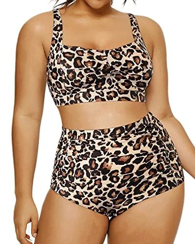 Metallic - finish bikini for a glamorous and eye - catching poolside lookPlus Size Retro Bikini Open Back Two Piece Swimsuit For Curvy Women-Leopard