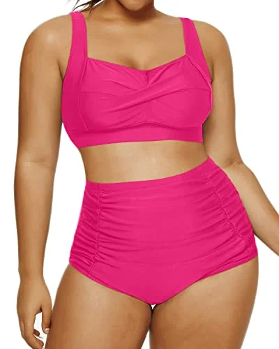 Neon - colored bikini to stand out on the beachRetro Two Piece Swimsuit Ruched Bottoms Twisted Front Bikini-Neon Pink