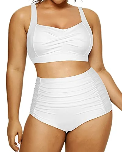 UV - protection bikini for safe sun exposure during beach daysPlus Size High Waisted Bikini Adjustable Straps For Curvy Women-White