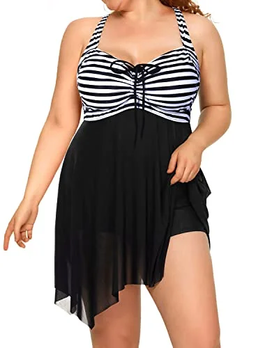 High - performance bikini with quick - drying fabric for active swimmersSexy Criss-Cross Open Back Mesh Swim Dress For Women-Black And White Stripe