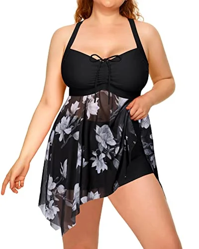 Tropical - themed bikini for a vacation - ready beach outfitRetro Mesh Long Torso Swimsuits Tankini Two Piece Swim Dress-Black