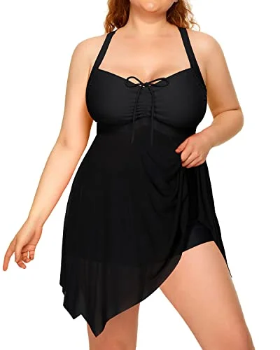 Convertible bikini that can be worn in multiple styles for versatilitySlimming Ruffled Mesh Swim Dress Boyshorts For Women-Black