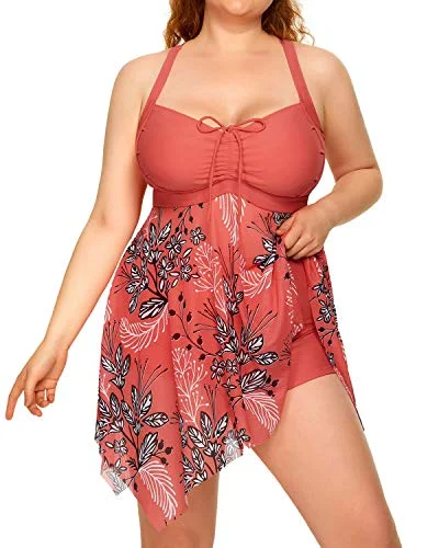 Lace - trimmed bikini for an elegant and romantic touchFlowy Mesh Tankini Plus Size Swimdress Boyshorts-Pink Flower