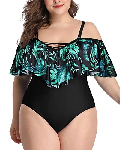 Floral - printed bikini for a feminine and colorful beach vibeSexy Lace-Up Off Shoulder One Piece Swimsuits-Black And Green Leaves