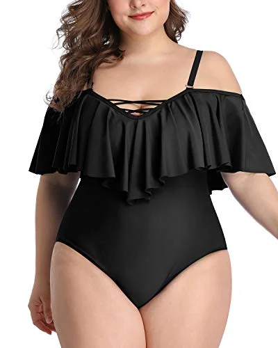 Lace - trimmed bikini for an elegant and romantic touchAdjustable Strap Plus Size Flounce Bathing Suits For Curvy Women-Black