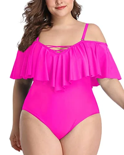 Sustainable bikini made from recycled materials for eco - conscious beachgoersFlattering Tummy Control Cold Shoulder Plus Size Bathing Suits-Neon Pink