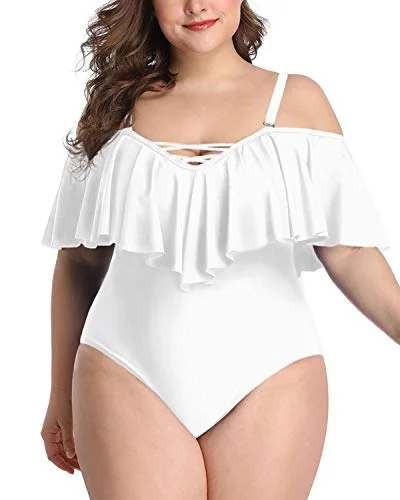 Sports bikini for high - intensity water activities like surfingSexy Lace-Up Plus Size Off The Shoulder Swimwear Removable Straps-White