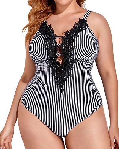 Monokini - style bikini with a unique one - piece - meets - bikini designSexy Lace Up Tummy Control Slimming Plus Size One Piece Swimsuits-Black And White Stripe