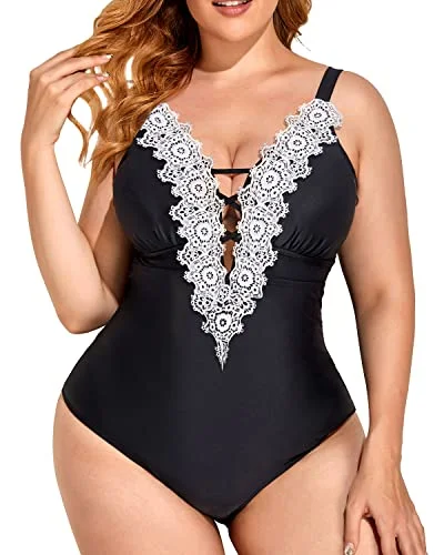 High - performance bikini with quick - drying fabric for active swimmersCrochet Trim Tummy Control Plus Size One Piece Swimsuits For Women-Black