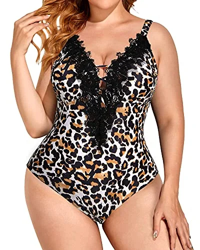 Ruched bikini with fabric gathers for a slimming effectSexy Plunging Neckline Plus Size One Piece Swimsuits For Women-Leopard