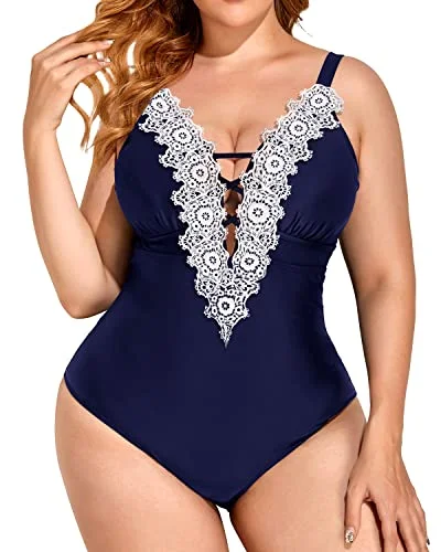 Long - line bikini top for added support and a fashionable lookModest Full Coverage Plus Size One Piece Swimsuits For Women-Navy Blue