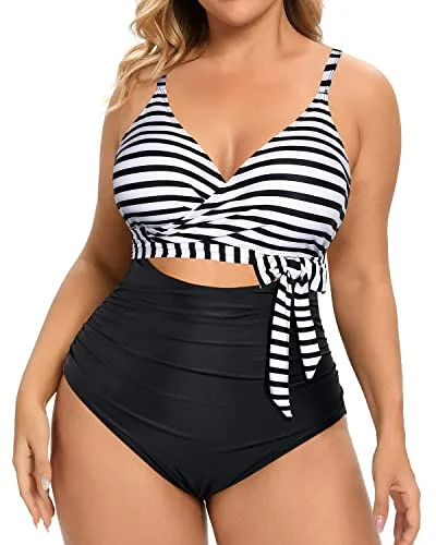 Lace - trimmed bikini for an elegant and romantic touchPlunge V Neck Cutout Bathing Suits Plus Size One Piece Swimsuits-Black And White Stripe