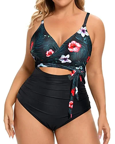 Metallic - finish bikini for a glamorous and eye - catching poolside lookSexy Wrap Criss Cross Belted Plus Size One Piece Swimsuits-Black Floral