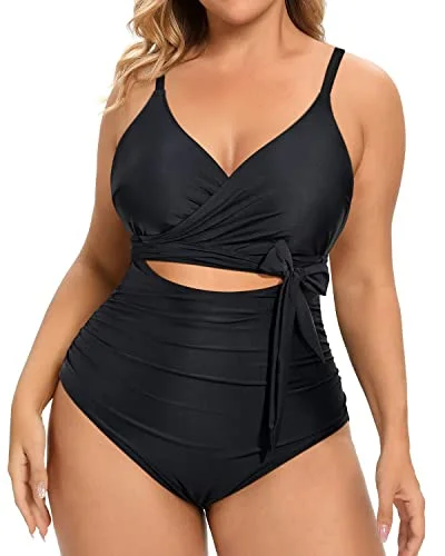 Sports bikini for high - intensity water activities like surfingAdjustable Spaghetti Straps Backless Plus Size One Piece Swimsuits-Black