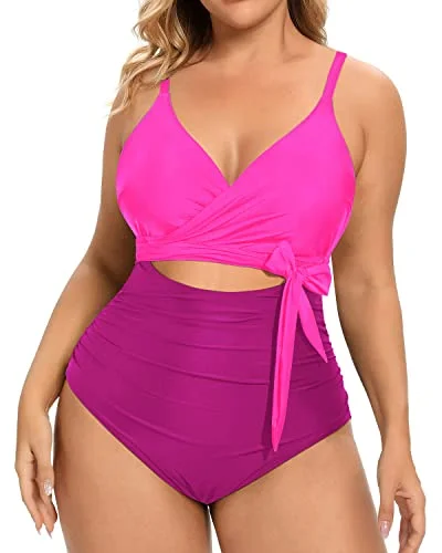 Convertible bikini that can be worn in multiple styles for versatilityPlunge Neckline High Waisted Tummy Control Swimwear-Phosphor And Dark Pink