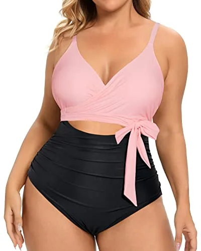 Lace - trimmed bikini for an elegant and romantic touchFlattering Cutout Open Back Plus Size One Piece Swimsuits-Pink And Black