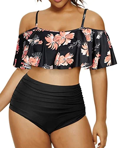 Striped bikini with a classic pattern for a timeless beach aestheticFlirty Ruffle High Waisted Bikini Set For Plus Size Women-Black Orange Floral