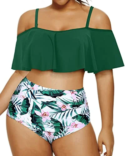 UV - protection bikini for safe sun exposure during beach daysSoft Padded Bra Two Piece Swimsuits For Women Plus Size Bikini Set-Green Tropical Floral