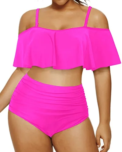 High - performance bikini with quick - drying fabric for active swimmersRetro-Inspired Plus Size High Waisted Bikini Ruched Bottoms-Neon Pink