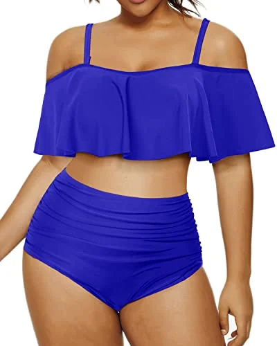 High - waisted bikini for a retro and tummy - flattering lookTrendy Two Piece Swimsuit Flounce Ruffle Top For Plus Size Women-Royal Blue