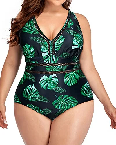 Tie - side bikini bottoms for an adjustable and stylish fitComfortable And Attractive Plus Size Backless Bathing Suit-Black And Green Leaf