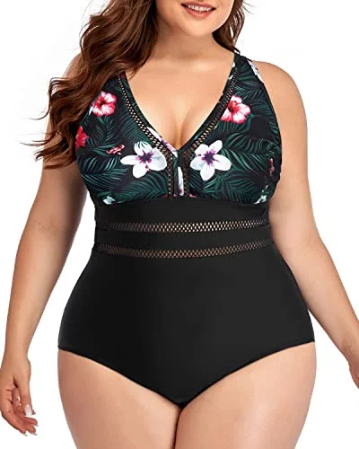 UV - protection bikini for safe sun exposure during beach daysAdjustable Strap Plus Size V Neck One Piece Bathing Suit-Black Floral