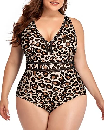 Floral - printed bikini for a feminine and colorful beach vibeHigh Waisted Plus Size One Piece Backless Swimwear-Leopard