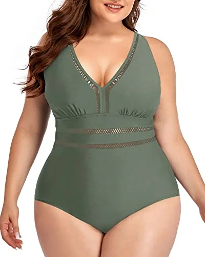 Floral - printed bikini for a feminine and colorful beach vibeV-Neck Backless See Through Plus Size One Piece Swimwear-Olive Green