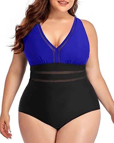 UV - protection bikini for safe sun exposure during beach daysCheeky Hollow Out Bathing Suits For Plus Size Women-Royal Blue And Black