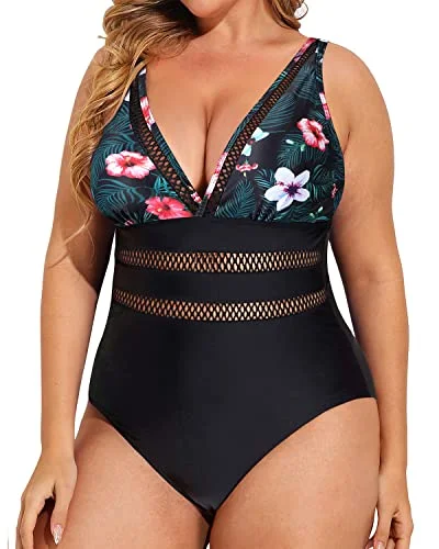 Tie - side bikini bottoms for an adjustable and stylish fitSexy V Neck Tummy Control Plus Size Swimsuits-Black Floral