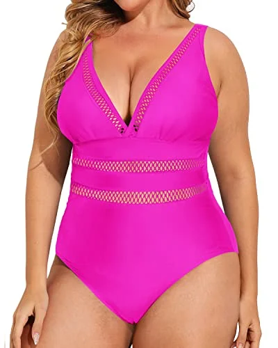 Push - up bikini top to enhance the bust for a confident beach appearanceSexy Mesh V-Neck One Piece Push Up Swimwear-Neon Pink