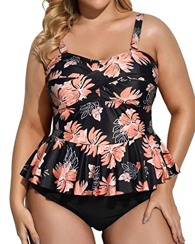 Push - up bikini top to enhance the bust for a confident beach appearancePeplum Twist Front Two Piece Tankini Set-Black Orange Floral