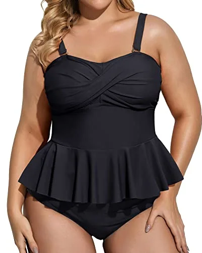 UV - protection bikini for safe sun exposure during beach daysFull Coverage Ruched Two Piece Plus Size Swimsuit For Women-Black