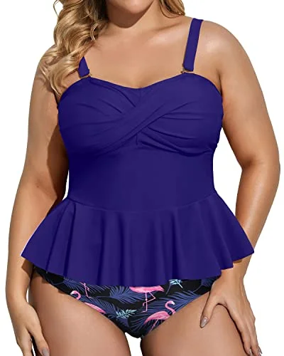 Ruched bikini with fabric gathers for a slimming effectAdjustable Strap Peplum Tankini Top High Waisted Tummy Control Bottom Plus Size Swimsuit-Blue Flamingo