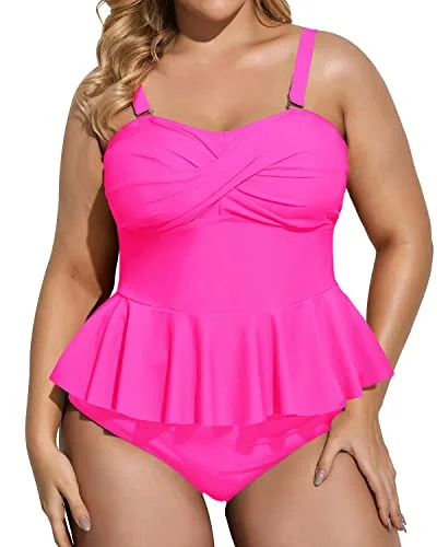 Metallic - finish bikini for a glamorous and eye - catching poolside lookRetro Style Peplum Tankini High Waisted Tummy Control Bottom Plus Size Swimsuit-Neon Pink