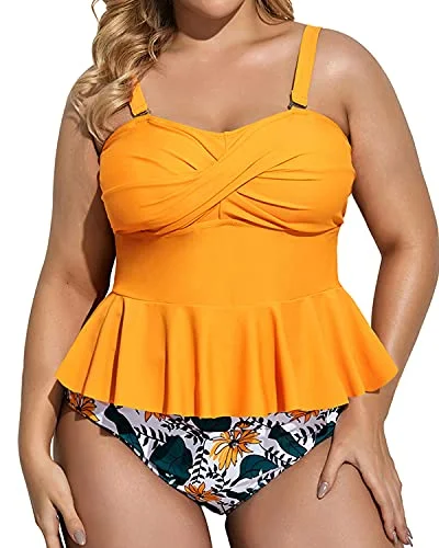 Convertible bikini that can be worn in multiple styles for versatilityAdjustable Strap Twist Front Two Piece Tankini Set-Yellow Floral