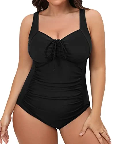 Plus - size bikini with full - coverage options for comfort and confidenceFlattering Vintage Ruched One Piece Swimsuit For Plus Size Women-Black