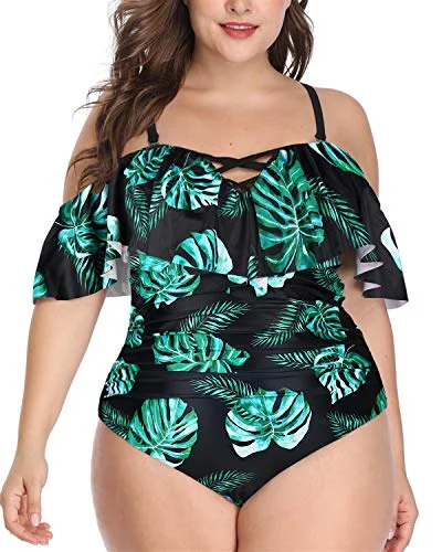 Lace - trimmed bikini for an elegant and romantic touchRetro Style Tummy Control Plus Size One Piece Swimsuits-Black And Green Leaf