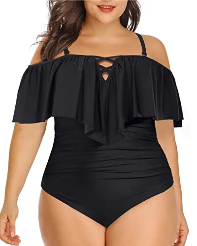 Sustainable bikini made from recycled materials for eco - conscious beachgoersChic Lace Up Ruffled Plus Size One Piece Swimsuits For Curvy Women-Black