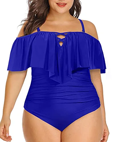 High - waisted bikini for a retro and tummy - flattering lookAdjustable Strap Plus Size Ruffled Swimsuit-Royal Blue