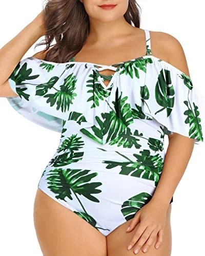 High - waisted bikini for a retro and tummy - flattering lookRetro Style Tummy Control Plus Size Ruffled Swimsuit-White Leaf