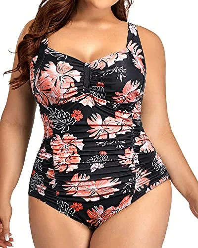 High - waisted bikini for a retro and tummy - flattering lookRemovable Padded Push Up Bra Swimsuits For Plus Size Women-Black Orange Floral